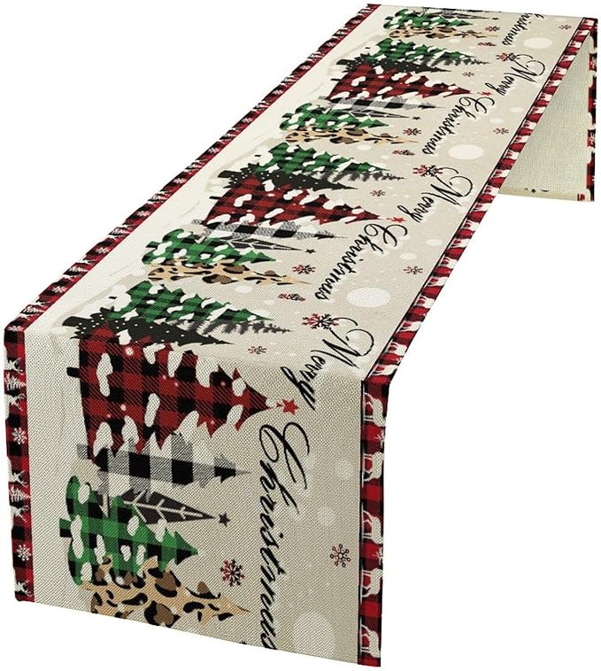 Christmas Tree Table Runner,Farmhouse Xmas Trees Buffalo Plaid Winter Snowflake Tablecloth Burlap for Hotel Indoors Outdoor Dining Room Kitchen Home Decor,W13X L36 in