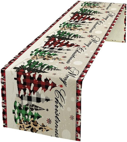 Christmas Tree Table Runner,Farmhouse Xmas Trees Buffalo Plaid Winter Snowflake Tablecloth Burlap for Hotel Indoors Outdoor Dining Room Kitchen Home Decor,W13X L36 in