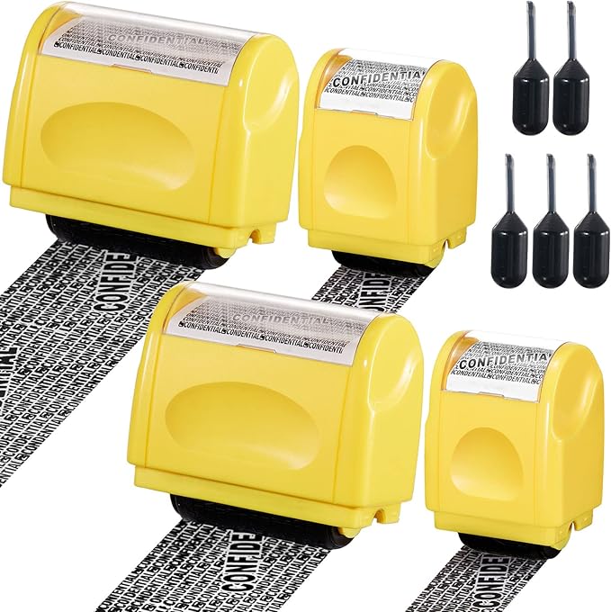Mimorou 4 Pack Identity Theft Protection Roller Stamps Kit Confidential Privacy Roller Hidden Wide Privacy Stamp 5 Pcs Refills Security Ink for Mail Address Blocker(Yellow)