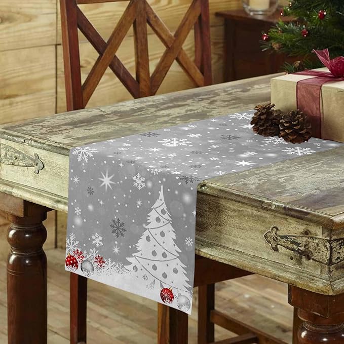 Christmas Snowflakes Cotton Linen Table Runner for Dining Kitchen, Xmas Tree Snow Winter Wedding Outdoor Party Tablerunners Decoration, Grey Balls Dresser Scarf Coffee Tablecloth Runners 13x120 Inches