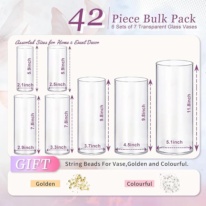42pcs Glass Vase Cylinder Vases for Centerpieces 7 Vases of Different Sizes Small Flower Glass Clear Vases Home Decor Centerpiece Table Flower Vase Decorations for Wedding Decoration＆Holiday