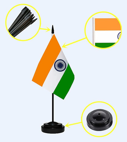 India Indian Deluxe Desk Flag Set Small Mini Miniature India Indian Table Desktop Flags With Solid Pole, Black Base and Spear Top(2 Pack)