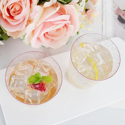 DaYammi 100 Pack 10oz Pink Plastic Cups, Premium Disposable Rose Gold Glitter Plastic Cups for Martini and Cocktail, Hard Clear Disposable Cup with Pink Glitter Perfect for Fancy Wedding Party