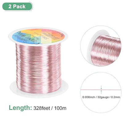 2-Rolls 0.2mm Jewelry Wire, 32 Gauge 328FT Craft Wire Copper Beading Wire for Jewelry Making/Planting/Weaving/DIY Crafting, Soft Metal Wires [100M, Rose Golden]