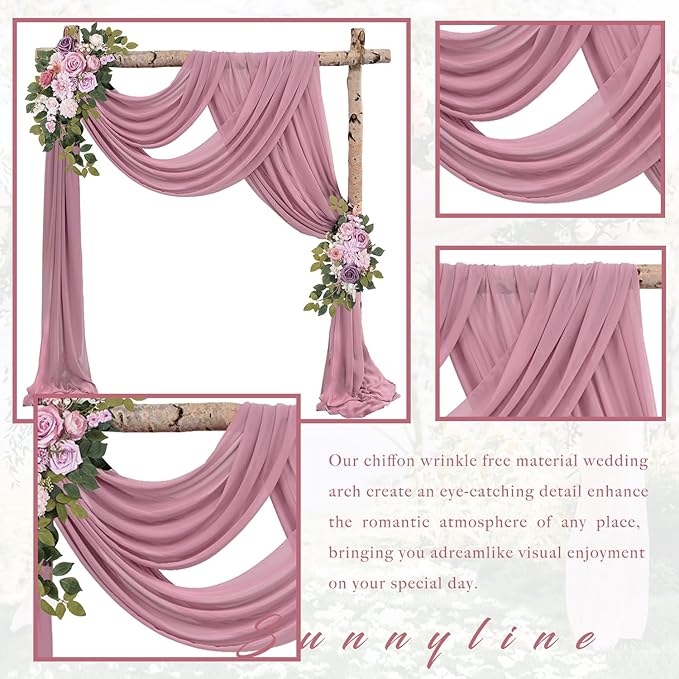 Dusty Rose Wedding Arch Draping Fabric 4 Panels 20Ft Length x 28" Width Arch Drapes Chiffon Fabric Sheer Curtains Backdrop for Party Bridal Decorations Wedding Ceremony Ceiling Stage Reception Decor