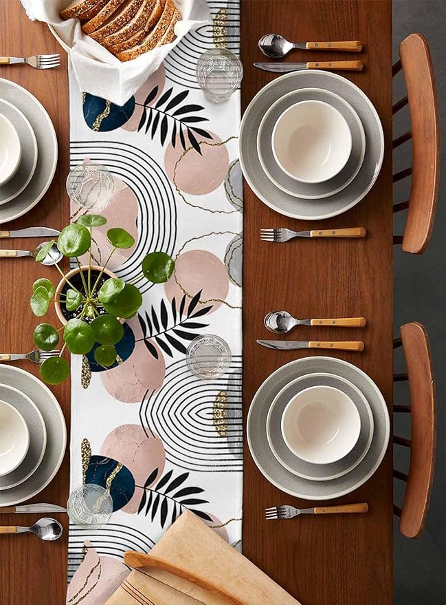 Modern Boho Cotton Linen Table Runner for Dining Kitchen, Wedding Outdoor Party Tablerunners Decoration, Abstract Bohemian Tropical Palm Leaf Dresser Scarf Coffee Tablecloth Runners 13x60 Inches