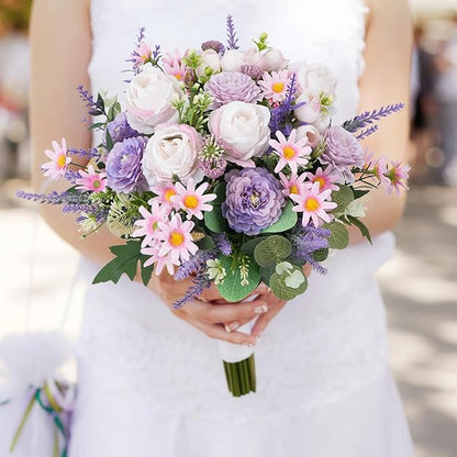 Fake Flowers Purple Artificial Silk Flower Bouquet Faux Flowers for Vase with Rose Peony Daisy for Home Wedding Baby Shower Bridal Bouquets Table Centerpieces Party Fathers Day Decorations