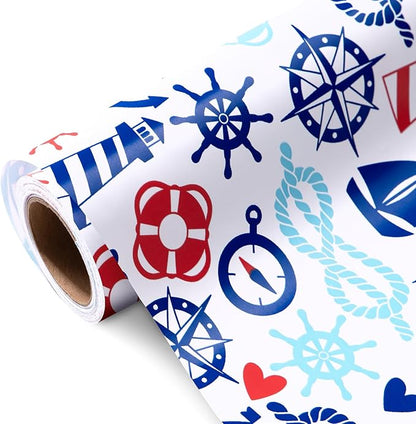WRAPAHOLIC Nautical Anchors Wrapping Paper Roll - 17 Inch x 33 Feet - Nautical Element Anchor Design Perfect for Birthday, Nautical Beach Decoration, Baby Shower