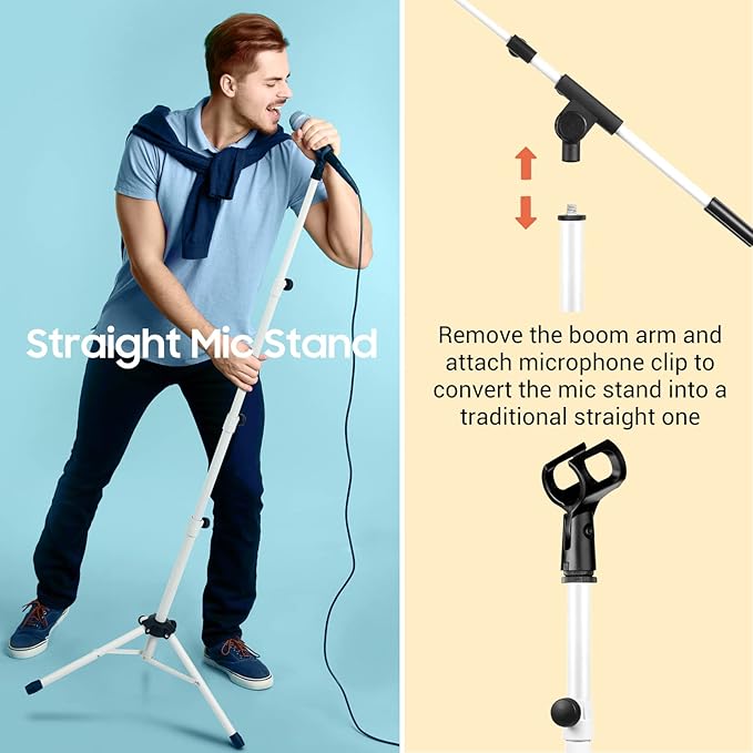 CAHAYA Microphone Stand Tripod Boom Arm Floor Mic Stand with Carrying Bag and 2 Mic Clips for Singing Performance Wedding Stage and Mic Mount White