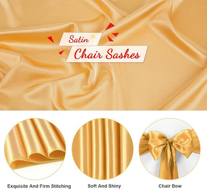 50 PCS Gold Satin Chair Sashes Bows Universal Chair Ribbon Ties Back Sash for Wedding Party Reception Events Banquets Hotel Event Chair Cover Decoration (7x108 inch)