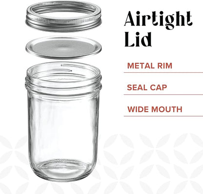 [ 6 Pack] 16 oz. Wide-Mouth Glass Mason Jars with Metal Airtight Lids and Bands for 1 Pint Canning, Preserving, & Meal Prep