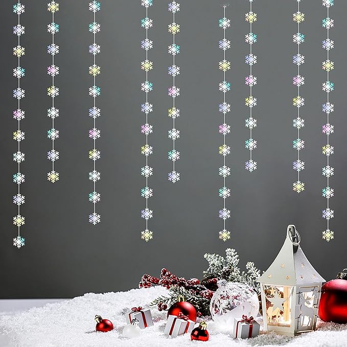 Snowflake-Snow Iridescent-Holographic Christmas Party-Decoration Garland - 52ft Winter Wonderland Frozen Ornaments Hanging Paper Streamers,New Years Birthday Baby Shower Dance Ceiling Decor Hugfond