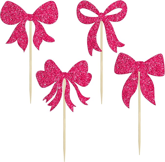 Gyufise 36Pcs Bow Cupcake Toppers Glitter Bowknot Cupcake Picks Bow Tie Birthday Decorations Princess Bow Cupcake Decorations for Bowknot Theme Baby Shower Birthday Party Supplies Rose Red