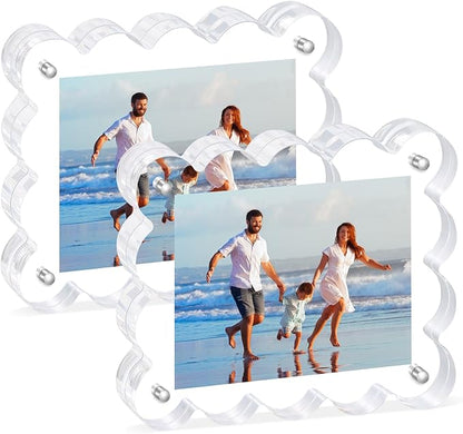 2Pack Magnetic Acrylic Picture Frames 2×3 Inch - Scalloped Glass Frame with 10+10mm Thick Block, Double Sided Clear Frames for Desktop Display | Trendy Home Gift (2 Pack, 2×3)