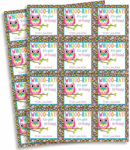 Custom & Personalized Colorful Floral Owl Happy Birthday Gift Tag Sticker Labels, 24 2.5" Square Stickers by Amanda Creation