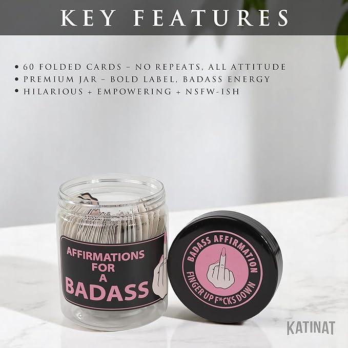 Badass Affirmation Jar – 60 Daily Affirmation Cards, Middle Finger Gifts for Women, Funny Birthday Gifts for Best Friends, Self Care Gift for Women, Encouragement Gift for Coworkers
