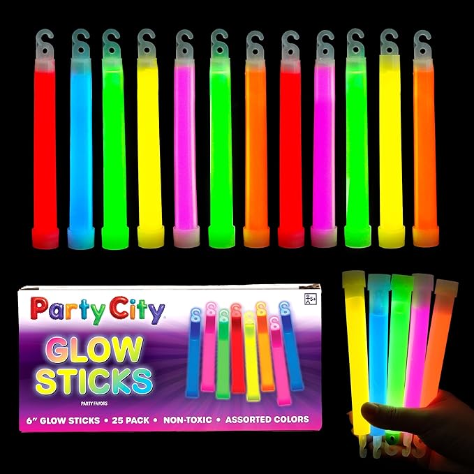 Party City Multicolor Glow Sticks Bulk Pack 6”- 25pk Glow in the Dark Sticks for Kids, Waterproof Camping Survival Ultra Bright Emergency Light Stick with String, Neon Glowsticks Party Supplies Favors