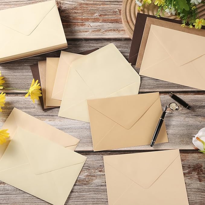 50 Pack Colored A7 Invitation Envelopes 5x7 with Gold Stickers for Cards and Invitations, 5 Colors (Brown, 5 1/4 x 7 1/4 inches)