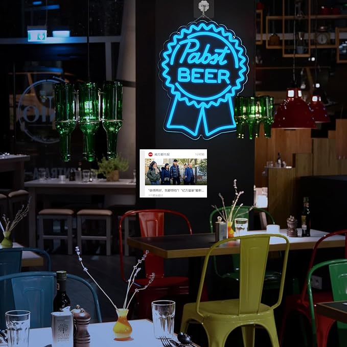 Pabst Beer Neon Signs for Wall Decor，LED Neon Lights Suitable for Man Cave Bar Pub Restaurant Christmas Gift Art 5V Power Adapter, 12 * 15Inch(sky blue+white)