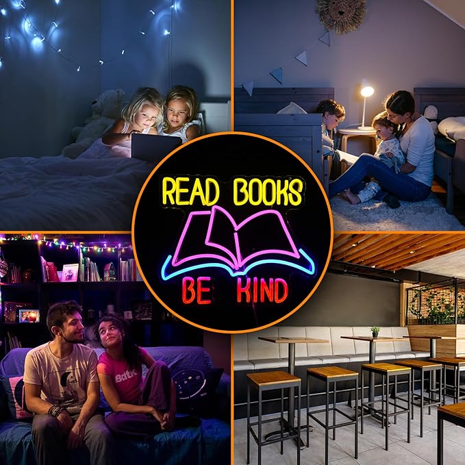 Read Books Be Kind Neon Sign Dimmable USB Powered Read Books Neon Light for Wall Decor Be Kind Led Light Sign Bright Books Light Up Sign for Classroom Reading Room Bookstore Library