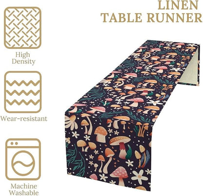 Mushroom Table Runner,Retro Forest Plant Table Cloth Farmhouse Kitchen Dining Table Decoration for Home Party Decor 13x120 Inch