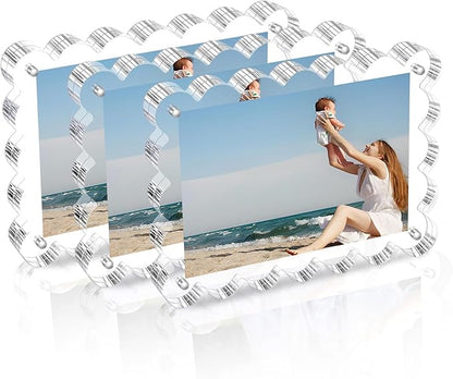 3 Pack Acrylic Picture Frame: 4x6inch Magnetic Picture Frames, Double Sided Magnet Frames,10+10mm Thick Block, Clear Photo Scalloped Frames Freestanding for Desktop Display (Clear, 4X6)