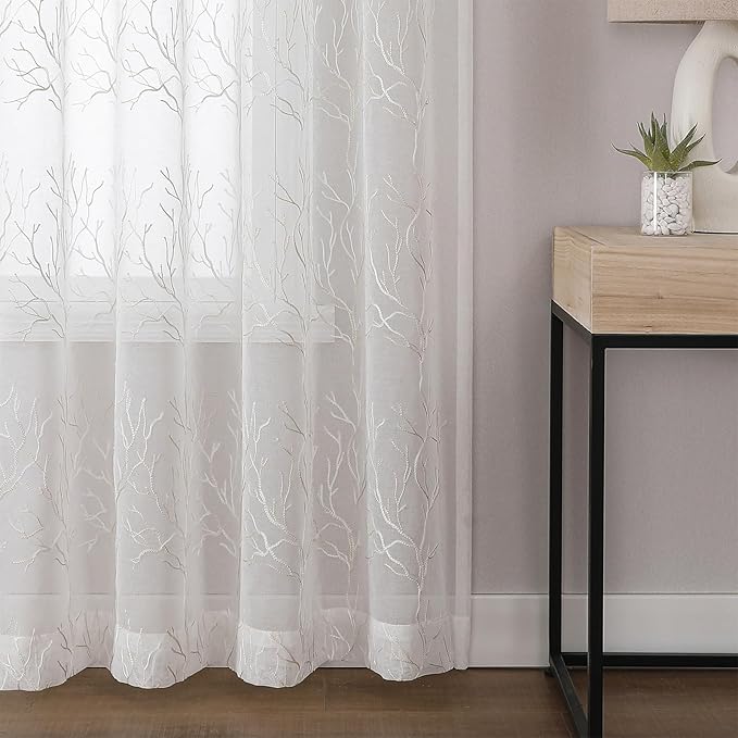 VISIONTEX Sheer Curtains 84 inch Length 2 Panels Set, Decorative Beige Coral Embroidery, Rod Pocket Embroidered Window Drapes for Living Room and Bedroom, 54" x 84"