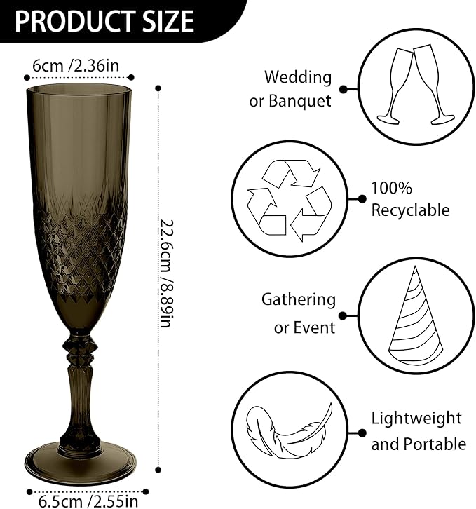 Plastic Champagne Flutes, 12PCS Black Wine Glasses Goblets Cups Shatterproof Reusable Flute for Halloween Weddings Bachelor Parties Toasting and Events(12, Black)
