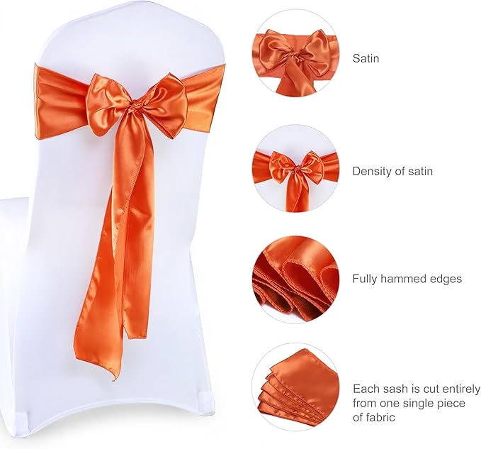 MDS Pack of 75 PCS Satin Chair Sashes Charmeuse Sateen Dining Chair Bows Ribbon Ties Back Sash for Wedding Party Birthday Home Hotel Restaurant Banquet Decoration (7 x 108 Inch, Brunt Orange)