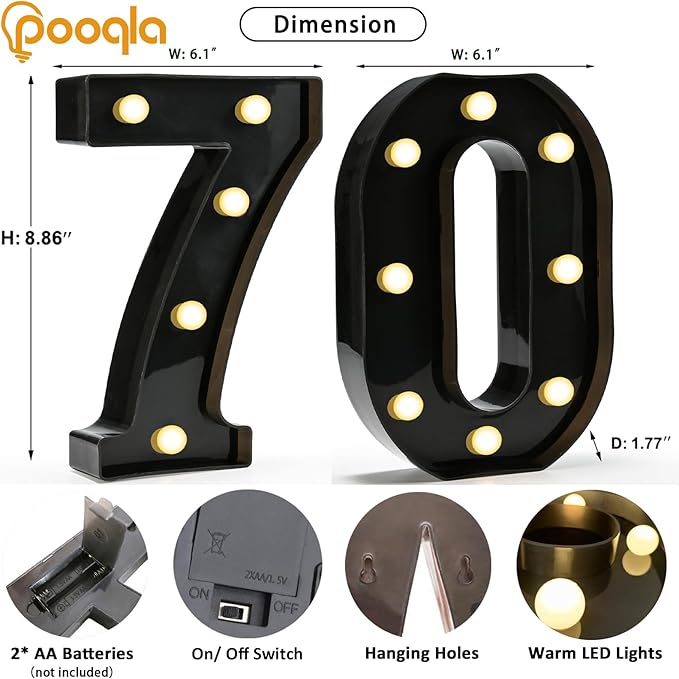 Pooqla Light Up Numbers, Lighted Marquee Number Sign for 70th Birthday Party Decor, Battery Powered LED Number Lights for 70 Party Decor, Lights Sign for Wall Home Anniversary, Decoration 70