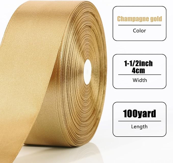 NESCCI 100 Yards Ribbon,1-1/2 Inch Champagne Gold Satin Ribbon,Single Face Satin Ribbons,Perfect for Gift Wrapping,Wedding Decoration,Handmade Bows, Wrapping Bouquet, Halloween, Christmas