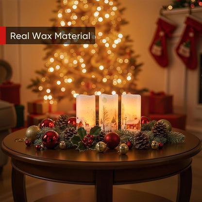 Homemory Christmas Flameless Candles Battery Operated with Snowman, Remote Control and Timers, Real Wax LED Pillar Candles for Rustic Country Home Farmhouse Cabin Decor, Set of 3, 3”x 6”