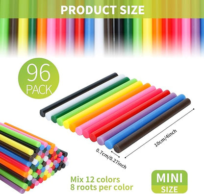 MATUFF Colored Hot Glue Sticks Mini 0.27" x 4" Most Popular 12 Colors EVA Hot Melt Adhesive Mini Glue Sticks Bulk for All Temperature Glue Guns for DIY Art Craft Stamp Repairs Gluing Projects 96 Pcs