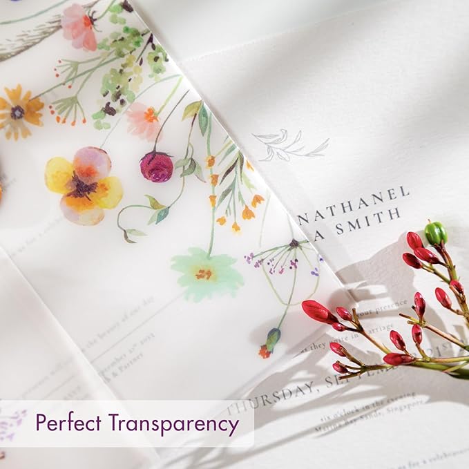 50 Pack Pre-Folded Vellum Jackets for 5x7 Invitations,AZAZA Pretty Translucent Invitation Sleeves,115GSM Vellum Jackets 5x7, Wedding Invitation Accessories,for Weddings Birthdays,Wildflowers