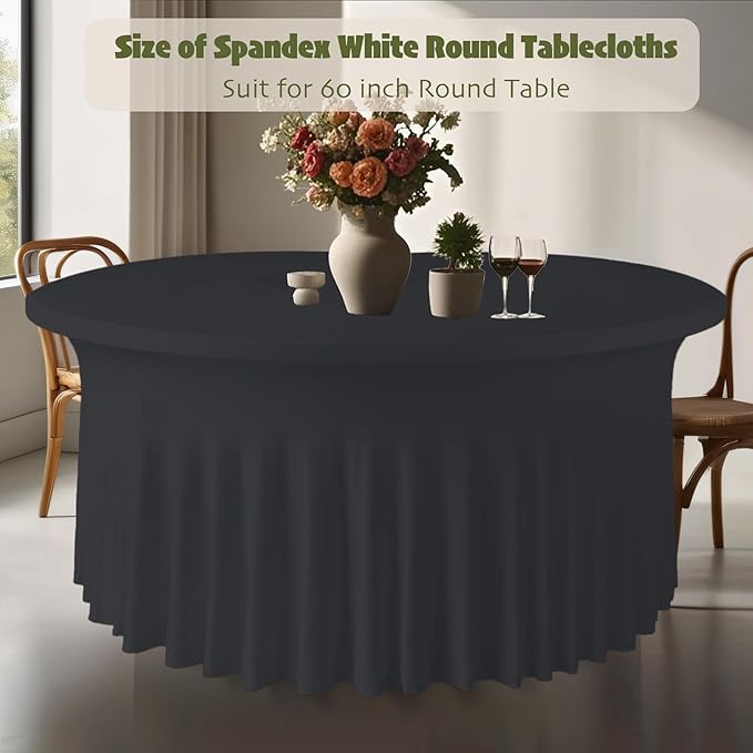 10 Pack Black Round Spandex Tablecloths for 60in Tables, 120Inch Stretchy Fitted 5FT Round Table Clothes,Wrinkle Free Table Cover with Skirt for Wedding Party Dining Banquet
