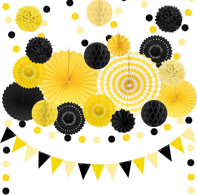 Black and Yellow Party Decorations, 23Pcs Hanging Paper Fans Birthday Decorations with Black Pom Poms Flowers for Boy Birthday, Bridal Shower, Baby Showers, Wedding