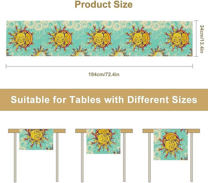 Retro Sun Moon Table Runner, Phase of The Moon Vintage Cloud Table Runner for Kitchen Dinner Living Room Table Runner Yellow Floral, 13x60 Inch Yellow Blue