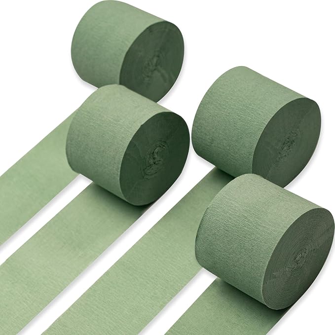 PartyWoo Crepe Paper Streamers 4 Rolls 328ft, Pack of Sage Green Crepe Paper for Party, Wedding, Birthday, Baby Shower Decorations (1.8 Inch x 82 Ft/Roll)