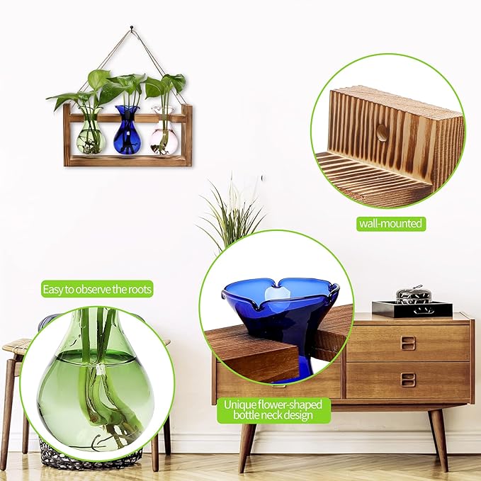 Plant Propagation Station Plant Terrarium Unique Birthday Gifts for Women Home Office Decor Planter with Wooden Stand - 3 Bulb Glass Vase