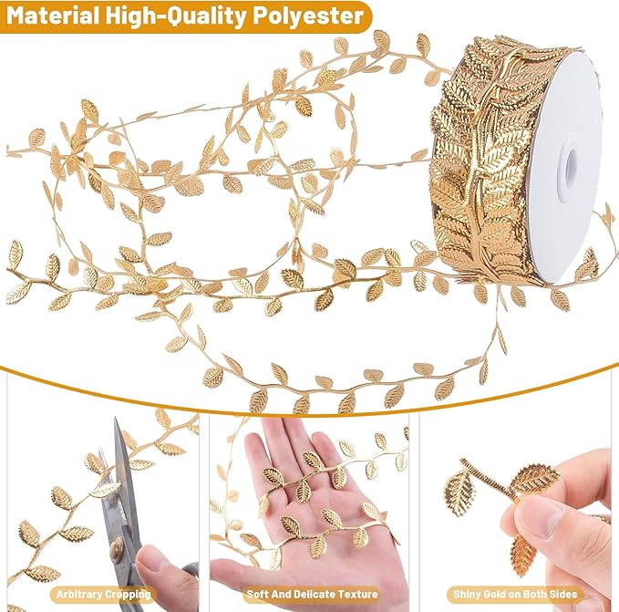 IHKFILAN 21.9Yards Gold Leaf Ribbon,Artificial Leaf Ribbon,Gold Leaf Trim for DIY Craft Garland Wrapping,Baby Shower Party,Wedding,Cake,Garland Hair & Home Decorations(Golden)