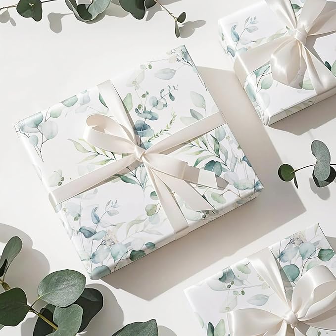 WRAPAHOLIC Eucalyptus Leaves Wrapping Paper Roll - Mini Roll - 17 Inch x 33 Feet - Eucalyptus Greenery Wrapping Paper Perfect for Birthday, Wedding, Bridal Shower