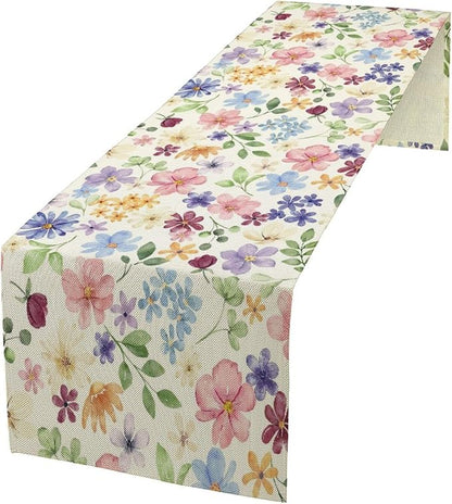 Floral Decorative Table Runner, Watercolor Floral Botanical Rustic Modern Style Pattern Printed Long Table Runner for Restaurant Kitchen Party,13in（33cm） W * 60in（152cm） L