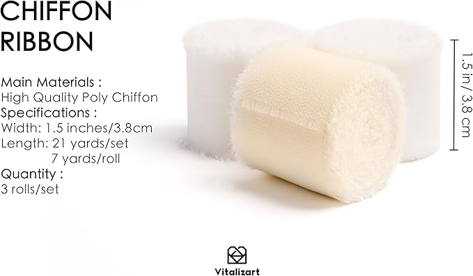 Vitalizart White Handmade Chiffon Silk Ribbon Fringe 1.5" x 21 Yd Frayed Edges Ribbons for Wedding Invitations Bridal Bouquets Gifts Wrapping Crafts Holiday Party Decorations