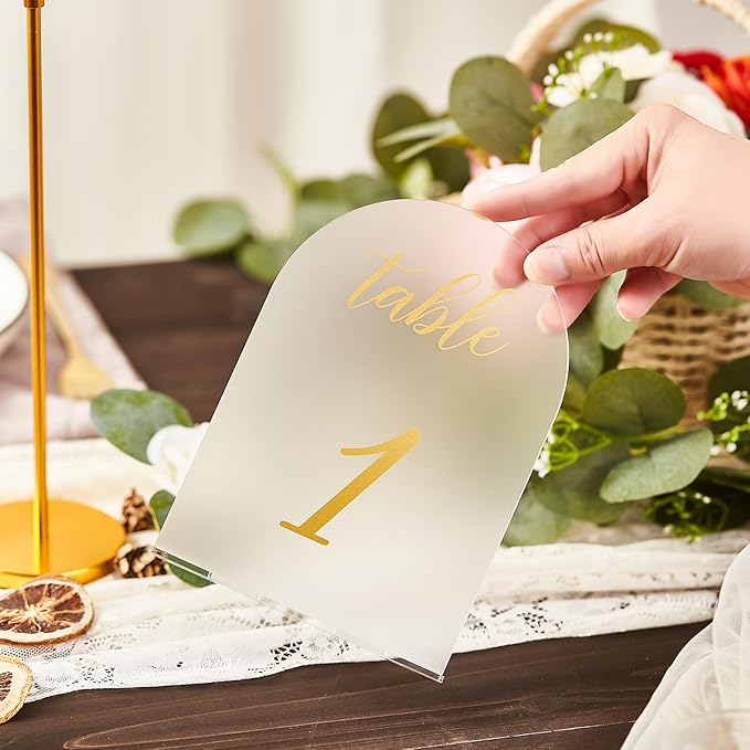 SHINVALE Arch Acrylic Wedding Table Numbers 1-15 with Gold Foil Font – Frosted Finish, Elegant Modern Design with Stands, Easy Assembly Table Signs for Weddings, Parties & Events