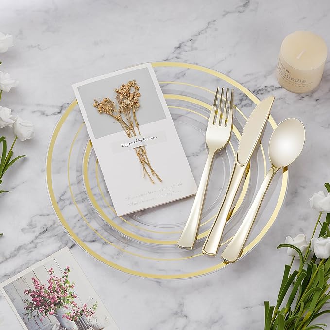 BESTVIP 300PCS Plastic Dinnerware Set (50 Guests), Clear Gold Disposable Plates for Party, Wedding, Christmas, Anniversary, Includes: Dinner Plates, Dessert Plates, Cups, Spoons, Forks and Knives