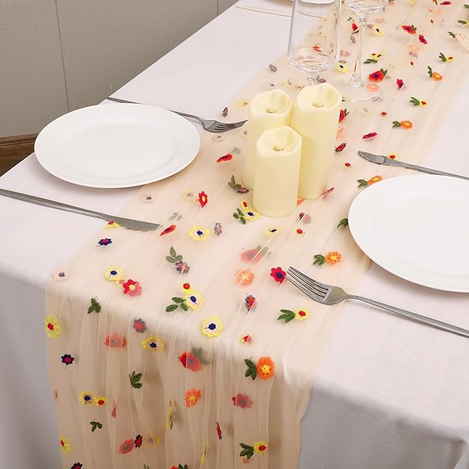 Champagne Floral Table Runner 10 FT, Embroidery Daisy Table Runners Seasonal Sheer Tulle Table Runner for Thanksgiving Wedding Birthday Baby Shower Party ﻿