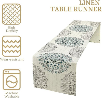 Boho Flower Table Runner, Bohemian Turquoise Mandala White Teal Floral Kitchen Dining Table Runners for Indoor Outdoor Home Party Holiday Decor, 13x70inch