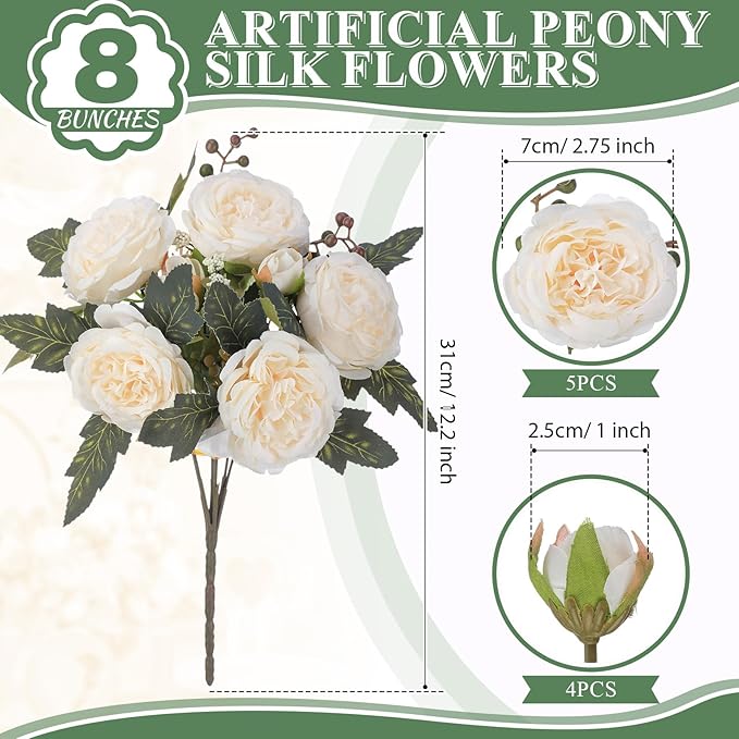8 Bundles Artificial Peonies Flowers Boho Faux Flowers Arrangements Artificial Centerpiece Spring Bouquet Floral Wedding Decoration for Vase(Milk White)