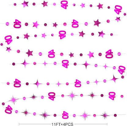 Hot Pink 40th Birthday Decorations Number 40 Circle Dot Twinkle Star Garland Metallic Hanging Streamer Bunting Banner Backdrop for Women Cheers to 40 Years Old Bday Forty Anniversary Party Supplies