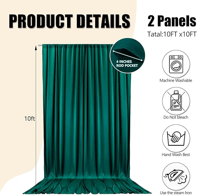 10ft x 10ft Lake Green Backdrop Curtains for Parties, Fabric Satin Background Curtain with Rod Pockets for Weddings, Birthday, Baby Shower, Photography, Graduation Party Backdrop Drapes, 2 Panels